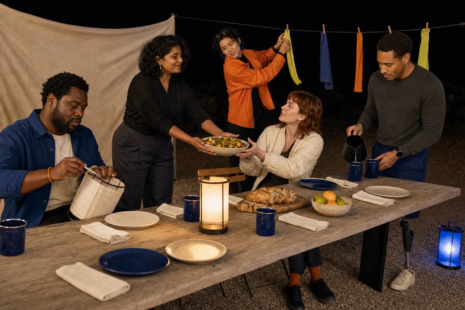 Five friends sharing dinner, repairing a lantern, and preparing a communal desert courtyard after sunset