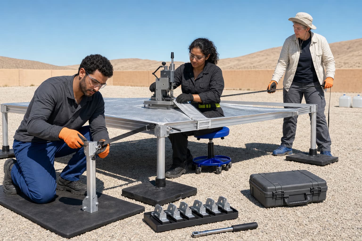 Three service technicians repairing shade textile, measuring a grounded frame, and inspecting its hardware