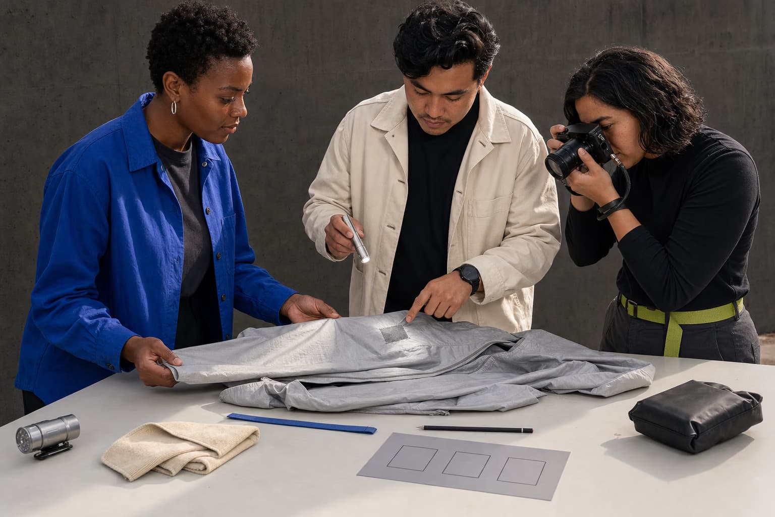 Three peers documenting and inspecting a repaired silver shell before a careful gear handoff
