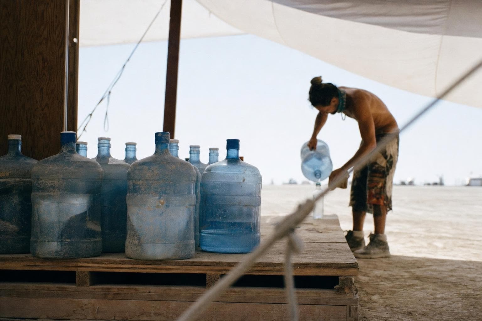 Dusty water jugs stacked on a pallet under a shade sail while someone decants water.