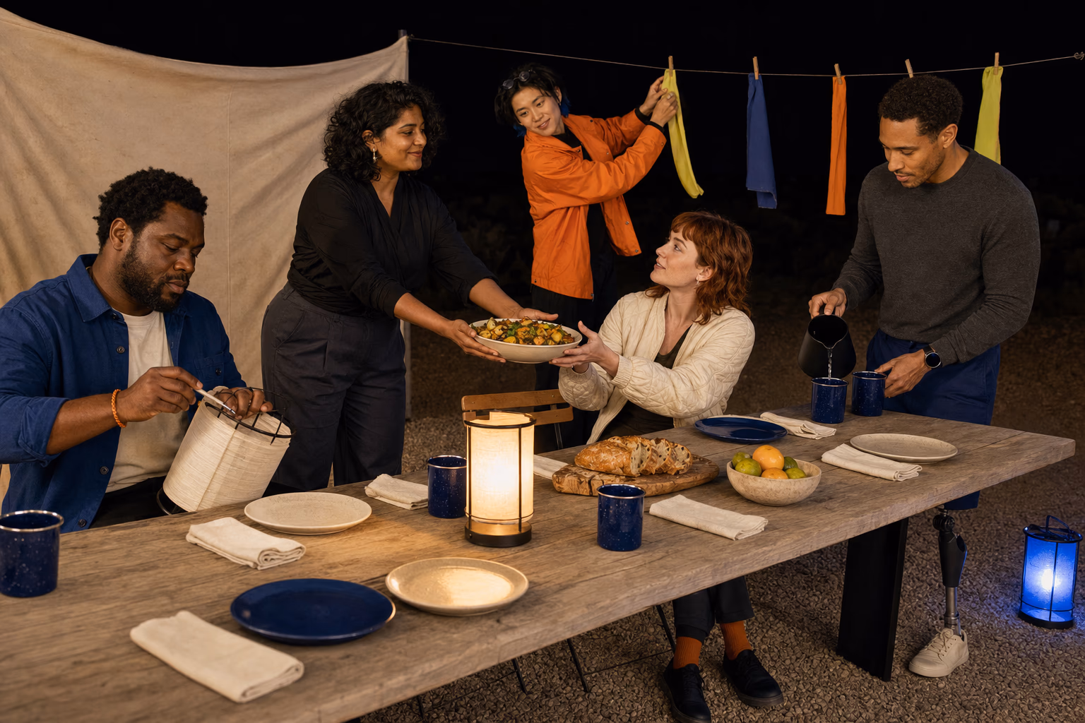 Five friends sharing dinner, repairing a lantern, and preparing a communal desert courtyard after sunset