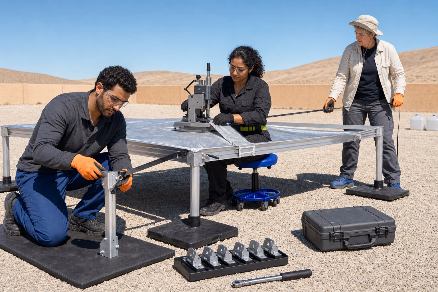 Three service technicians repairing shade textile, measuring a grounded frame, and inspecting its hardware
