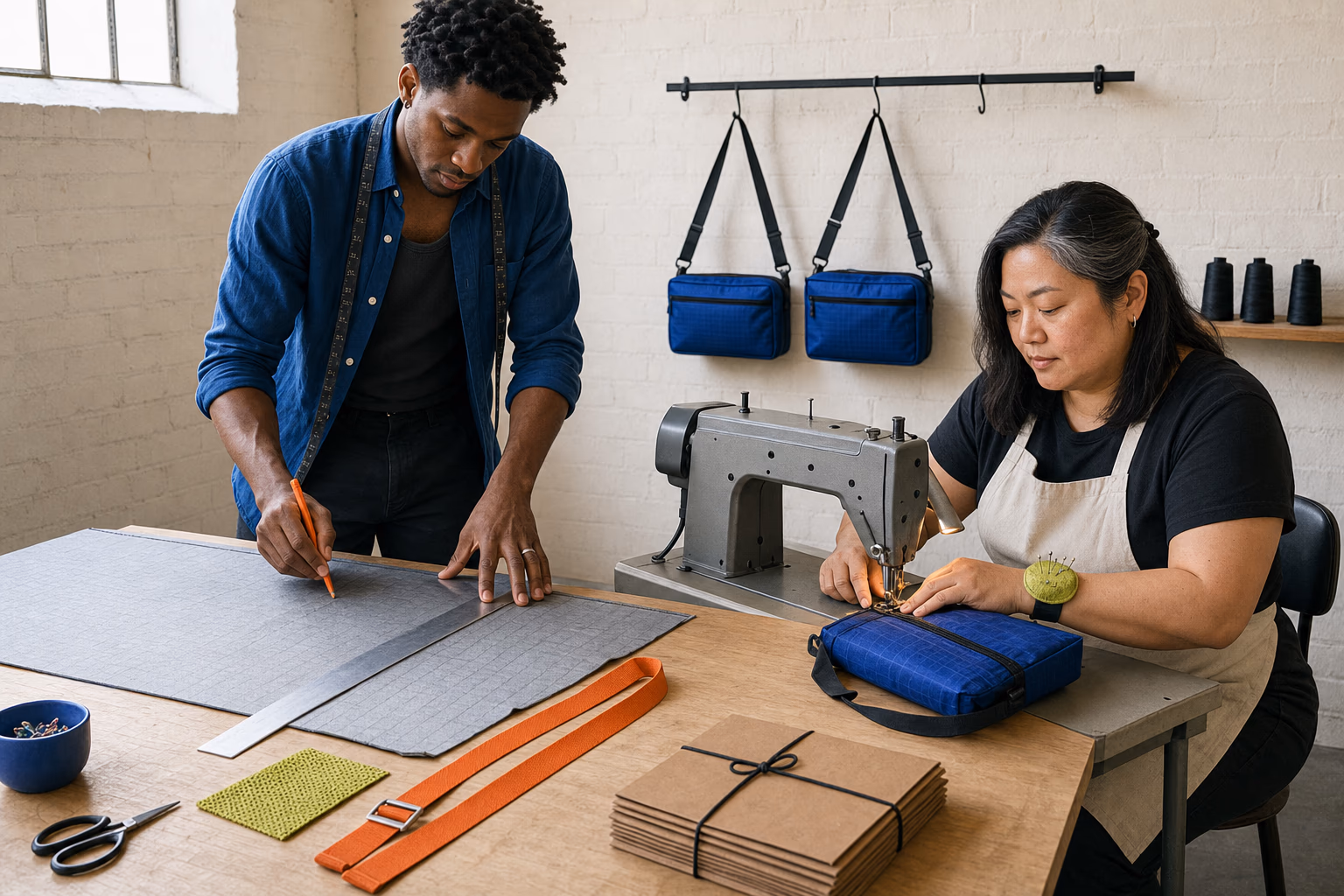 Two independent makers cutting cobalt textile and sewing a silver utility bag in a daylight studio