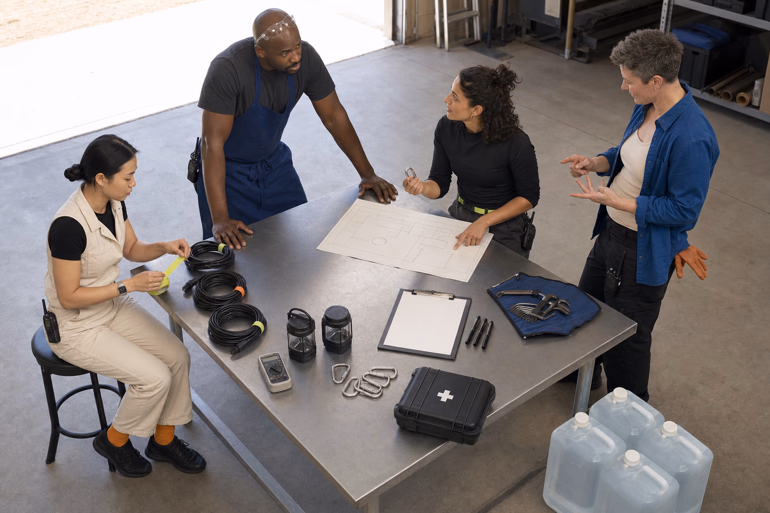 Four camp organizers coordinating equipment, water, cables, and diagrams around an aluminum worktable