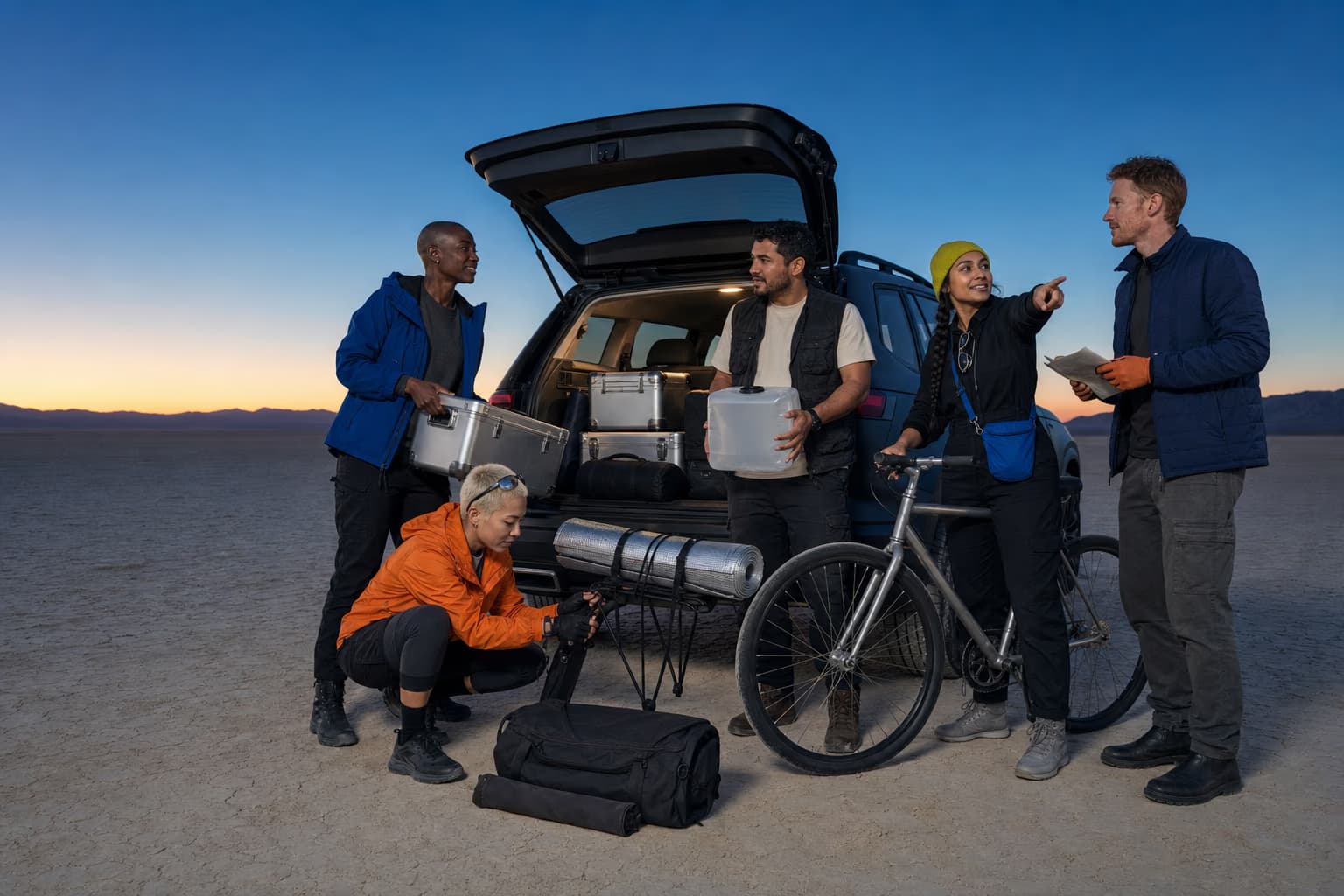 Five friends unloading expedition cases, water, and a bicycle on a desert lakebed before sunrise