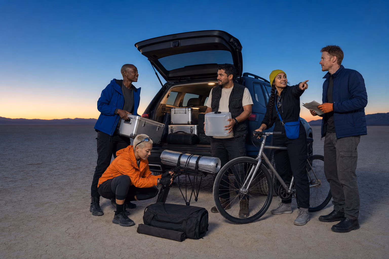 Five friends unloading expedition cases, water, and a bicycle on a desert lakebed before sunrise