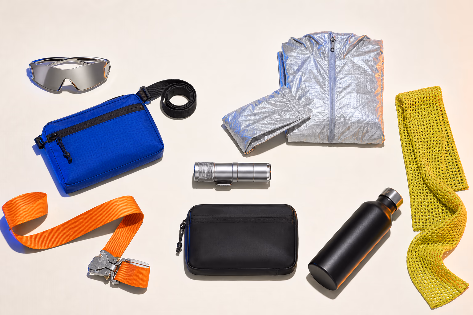 Direct-flash catalog of eight original unbranded fashion and utility objects on a warm off-white studio surface