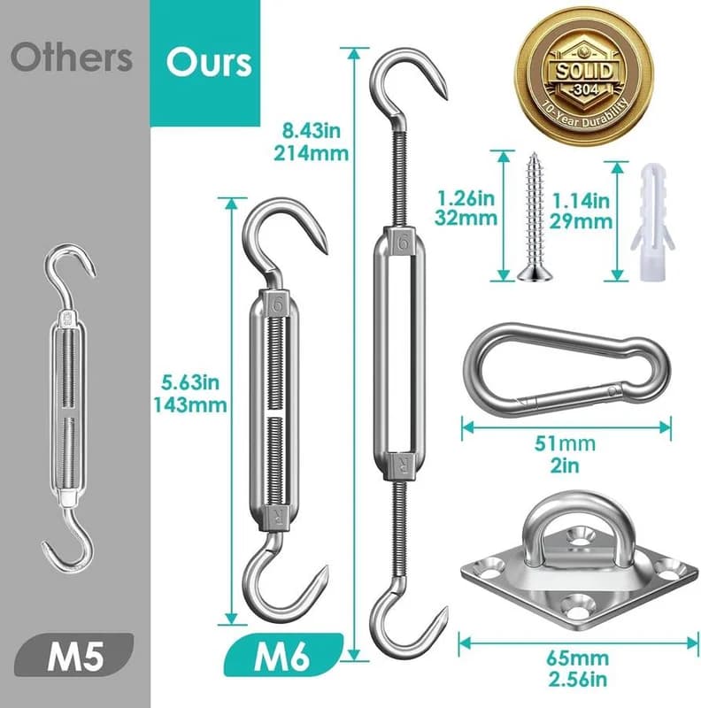 NEW Sun Shade Sail Hardware Kit 40 Pcs 6-8 inch 304 Stainless Steel 6