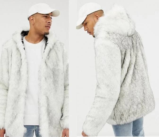 New ASOS hooded white faux fur coat jacket, men's women's, Burning Man