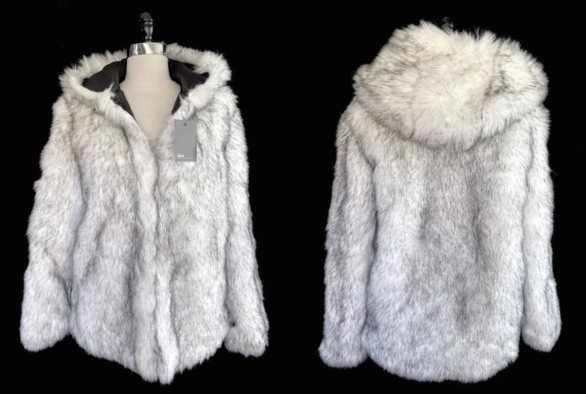 New ASOS hooded white faux fur coat jacket, men's women's, Burning Man 3