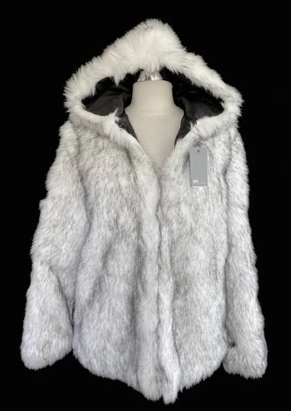 New ASOS hooded white faux fur coat jacket, men's women's, Burning Man 2