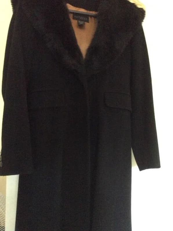 COAT, black WOOL,NEW, long, with faux fur hood 2