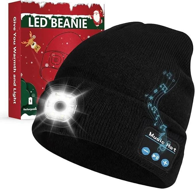 Beanie Hat with Light, Headlamp Cap with Bluetooth Headphones