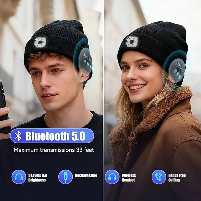 Beanie Hat with Light, Headlamp Cap with Bluetooth Headphones 3