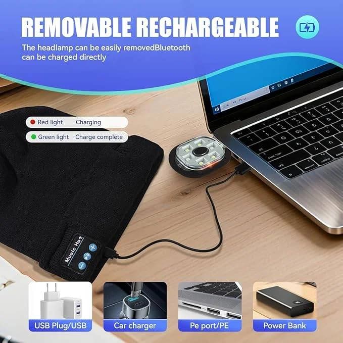 Beanie Hat with Light, Headlamp Cap with Bluetooth Headphones 5