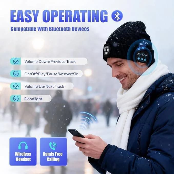 Beanie Hat with Light, Headlamp Cap with Bluetooth Headphones 3