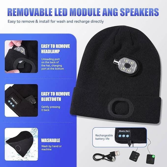 Beanie Hat with Light, Headlamp Cap with Bluetooth Headphones 2